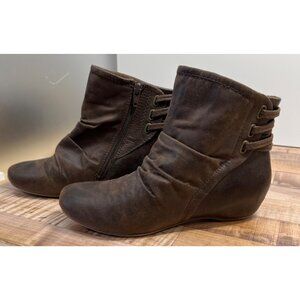 Brown Faux Leather Ankle Boots With Side Zipper & Decorative 6.5M Straps For Wom